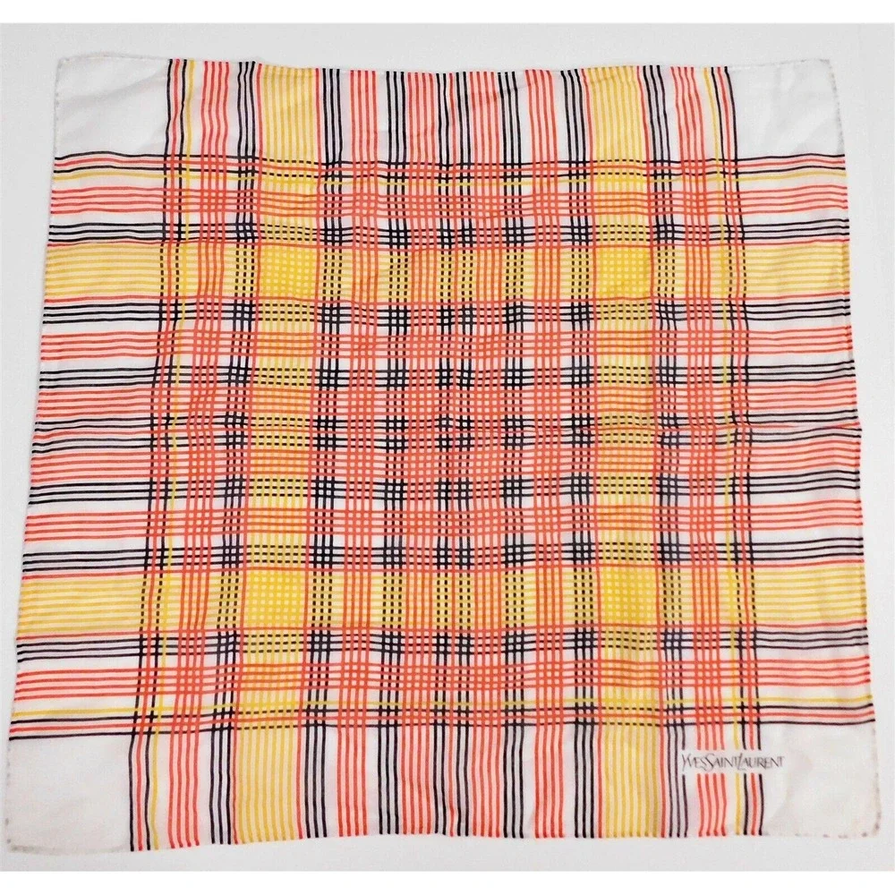 YSL Yves‎ Saint Laurent Multi Plaid 100% Cotton Scarf Italy 20 x 20 inch